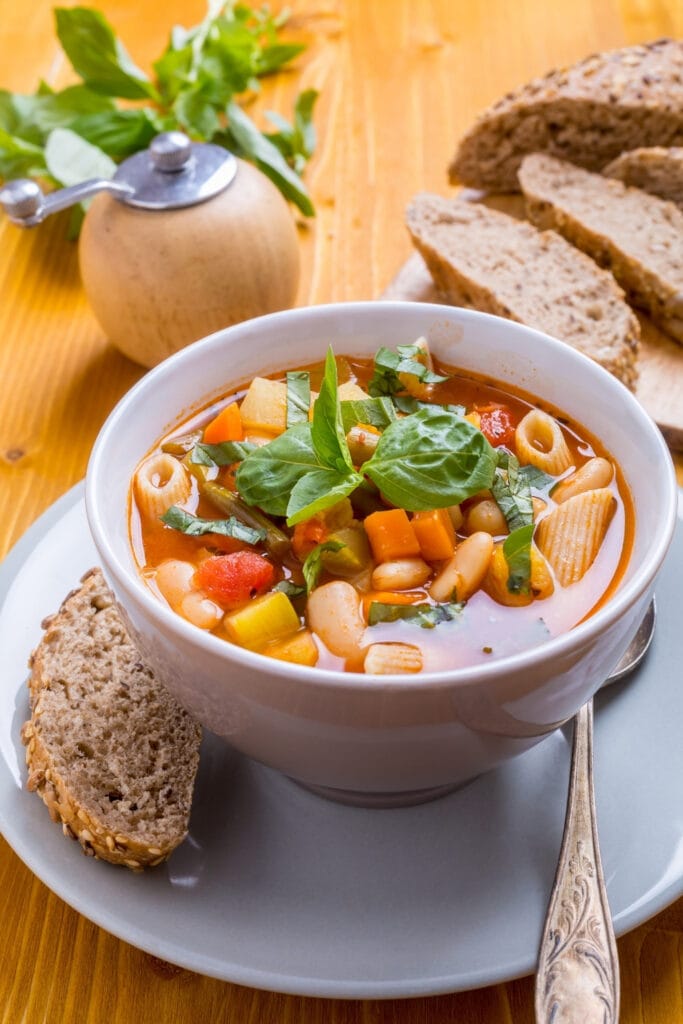 Bowl of Minestrone Soup with Bread