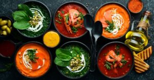 Bowl of Vegetarian Soup: Carrot, Tomato and Spinach Soup