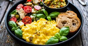 Breakfast Scrambled Eggs with Greek Salad