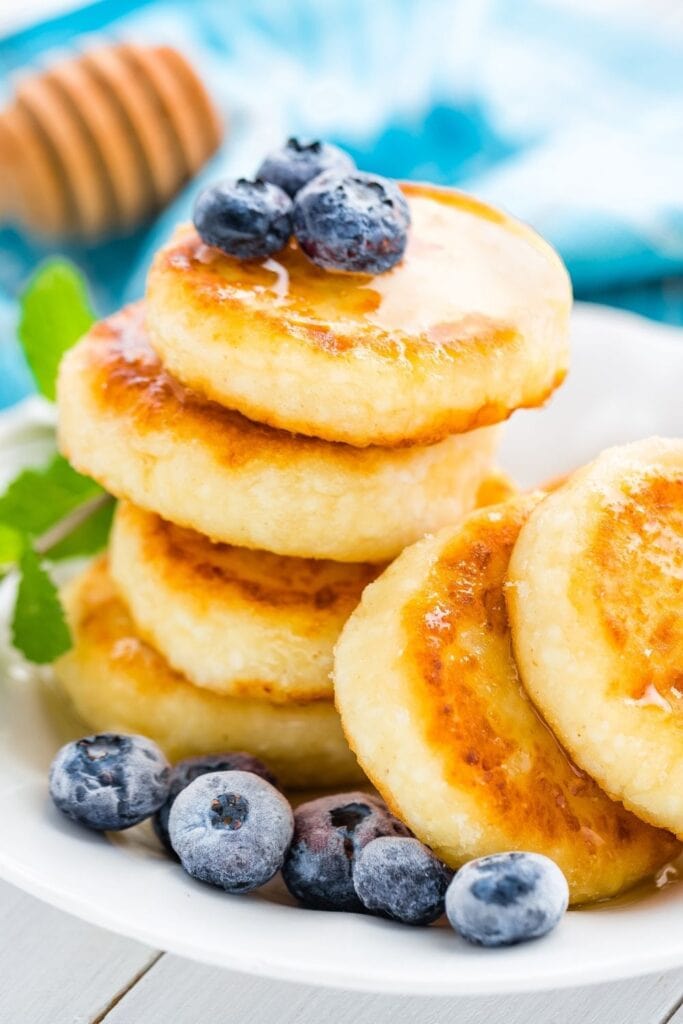 Cottage Cheese Pancakes with Blueberries and Honey