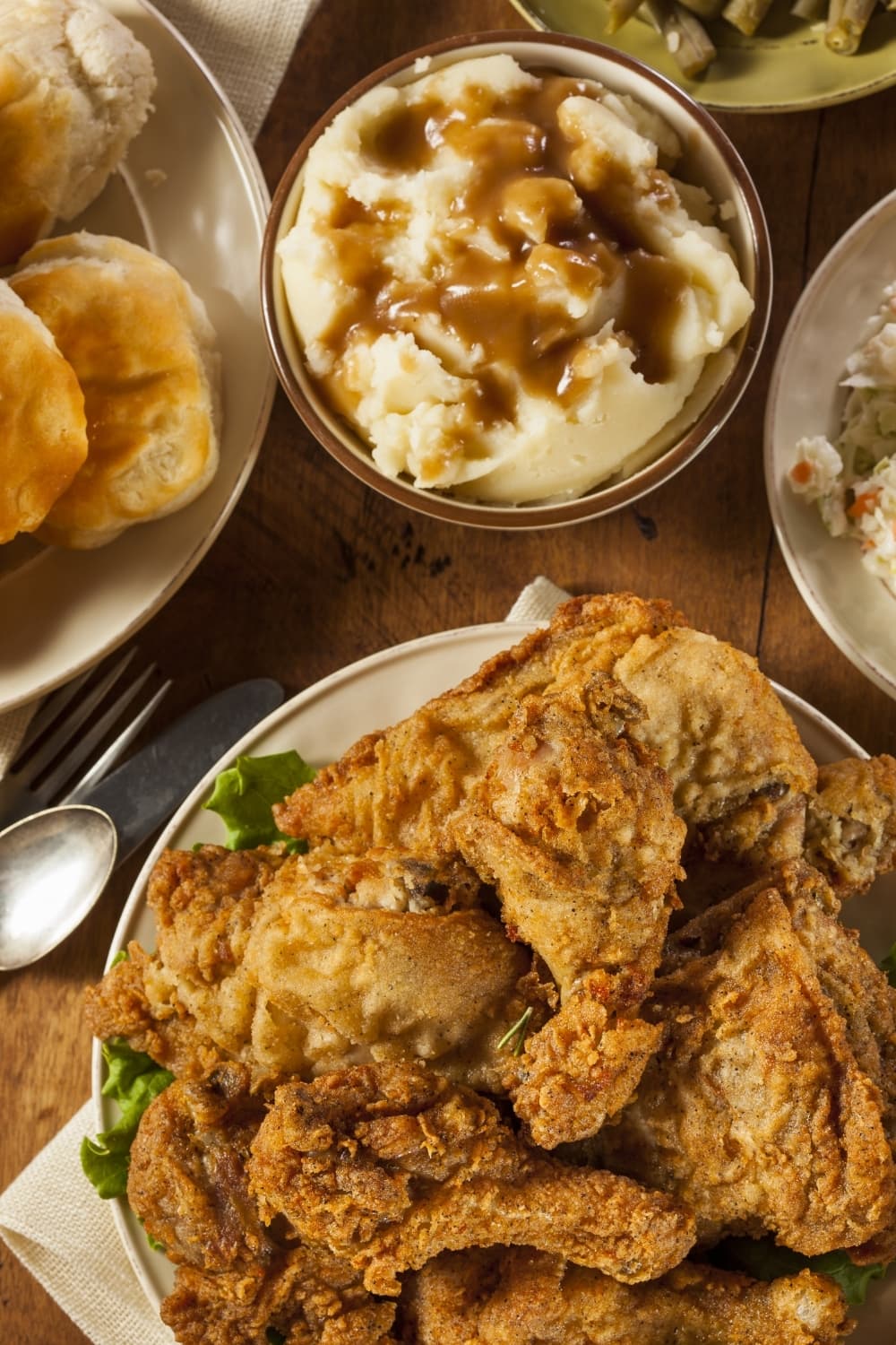 Fried Chicken with Mashed Potatoes and Biscuits