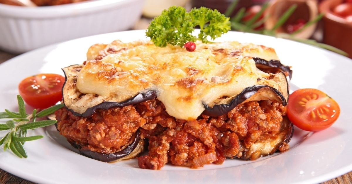 Greek Moussaka with Beef, Eggplant, Cheese and Tomatoes