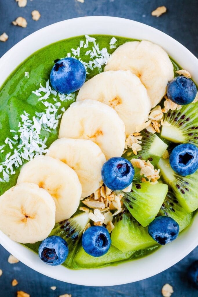 Green Smoothie Bowl with Banana, Blueberries and Kiwi