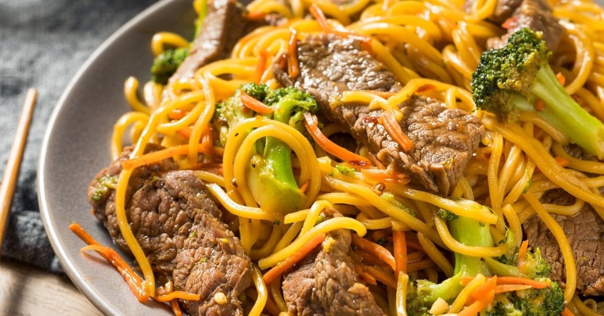 Homemade Chinese Lo Mein Noodles with Pork and Vegetables