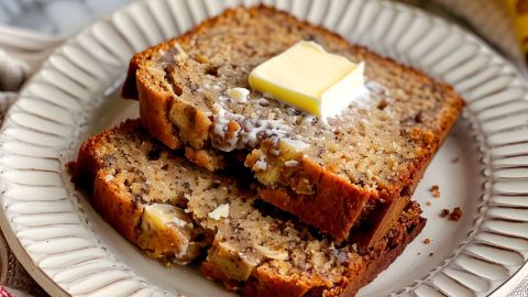 Super Close Up of Two Slices of Paula Deen Banana Bread with Butter on a White Plate