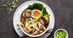 Vietnamese Rice Noodle Soup with Eggs and Vegetables