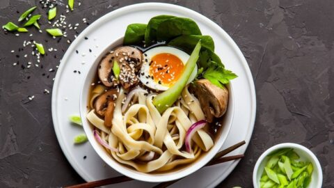 Vietnamese Rice Noodle Soup with Eggs and Vegetables