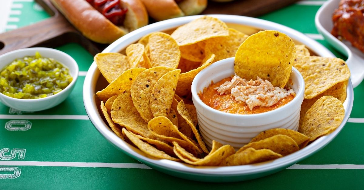 A Bowl of Chicken Buffalo Dip with Tortilla Chips