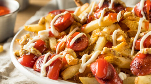 A Plate of Peruvian Salchipapa Sausage, Fries and Mayonnaise