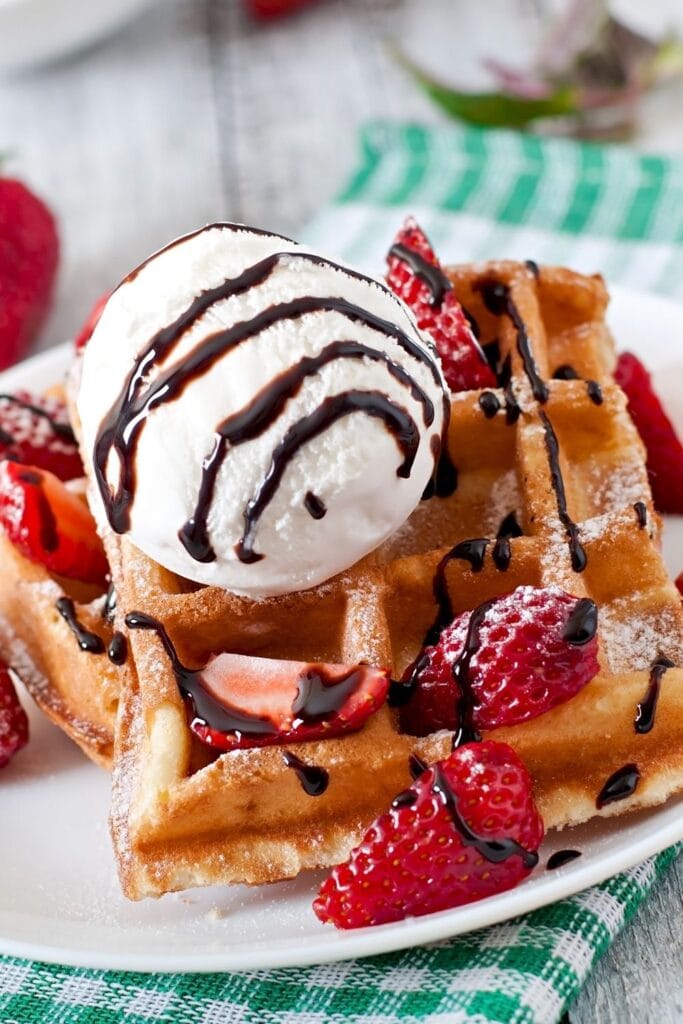 Belgian Waffles with Ice Cream and Strawberries