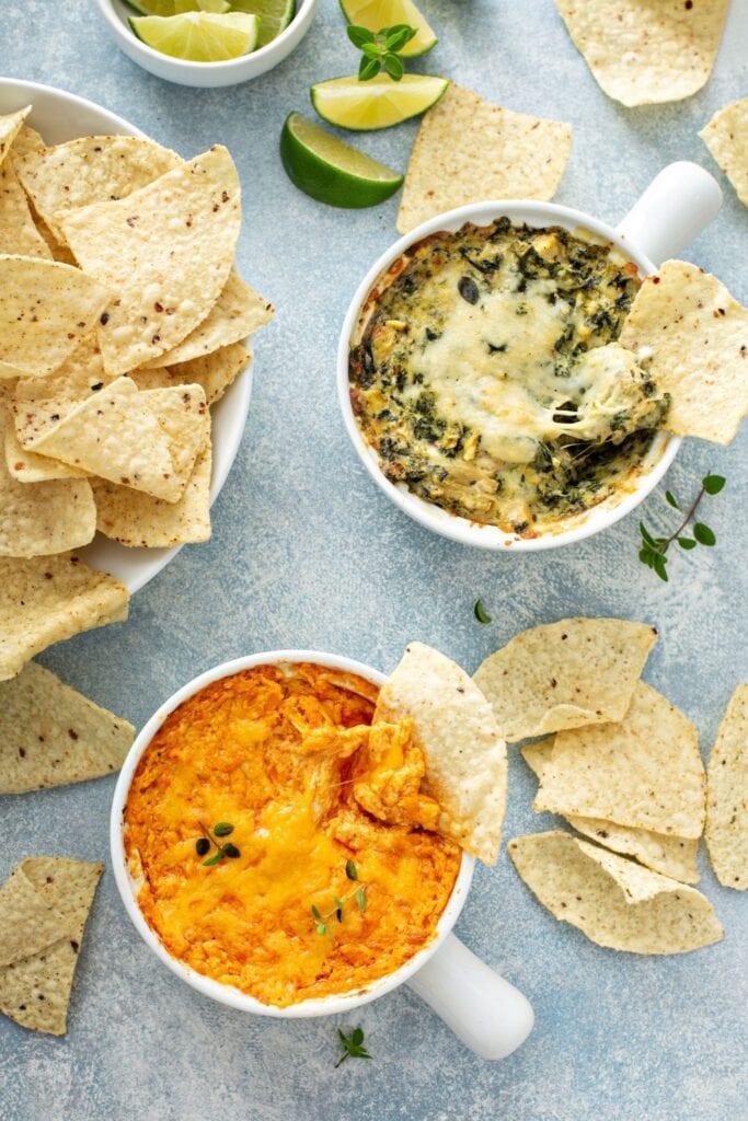 Buffalo Chicken Dip and Spinach Artichoke Dip with Chips