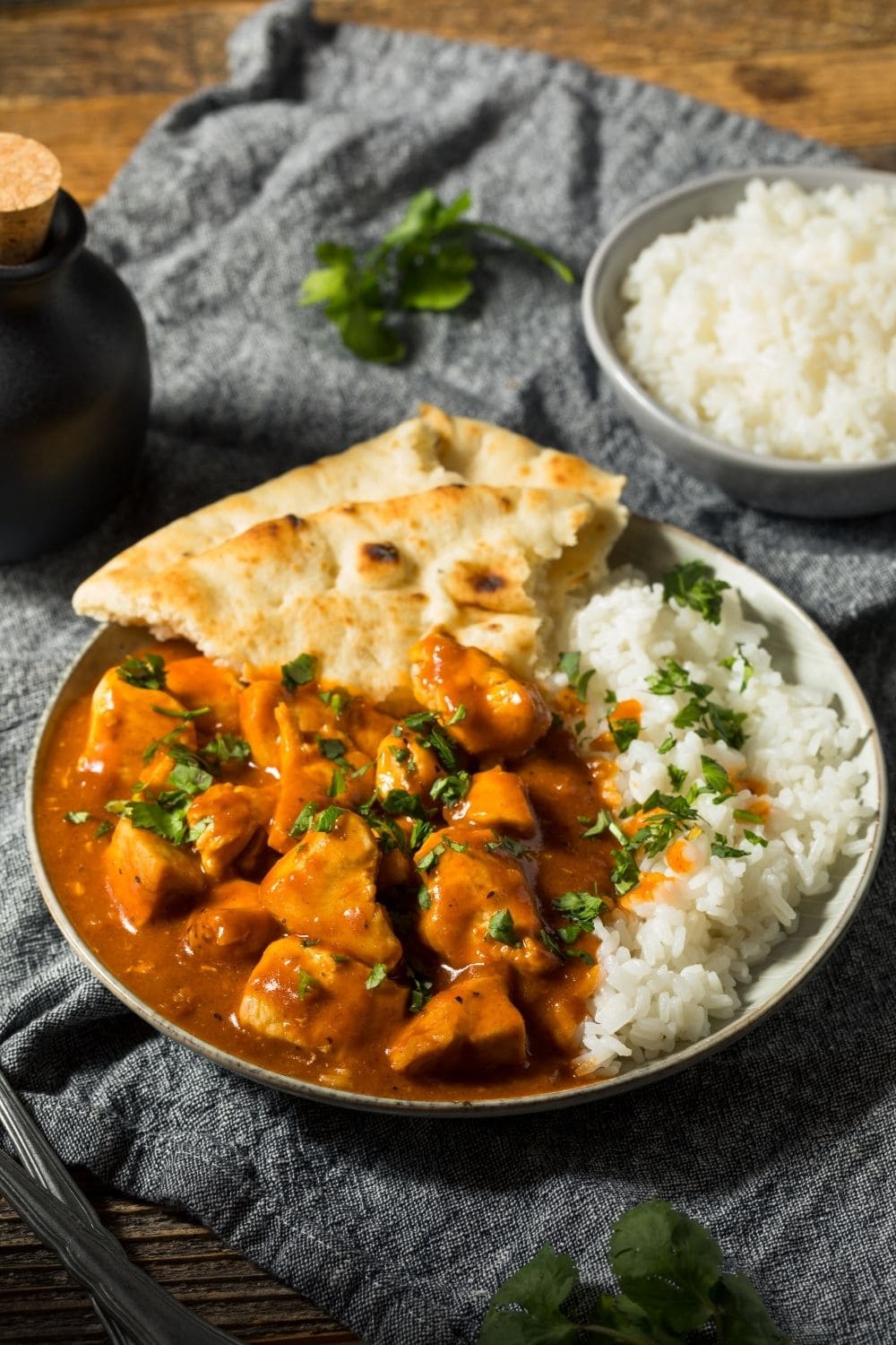 Buttered chicken with Naan bread and rice