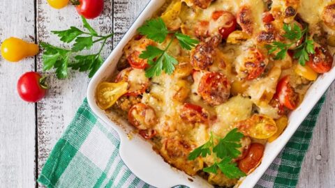 Cheesy Zucchini and Mushroom Casserole with Cherry Tomatoes