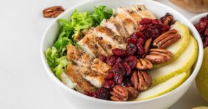 Chicken Bowl Salad with Pecan Nuts, Pears and Cranberries