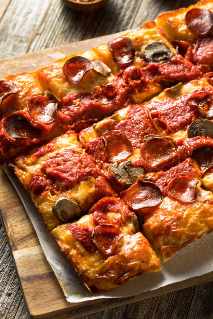 Detroit Style Pepperoni Pizza with Mushrooms
