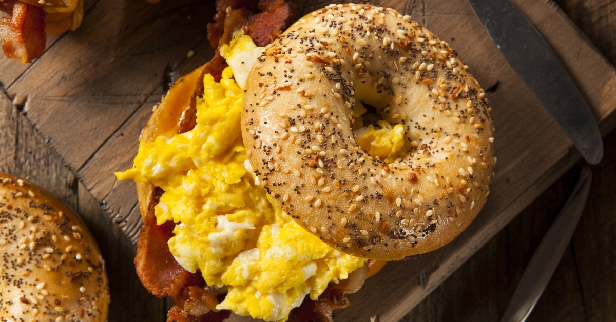 Homemade Bagel Breakfast Sandwich with Egg and Bacon