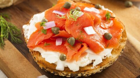 Homemade Bagels and Lox with Cream Cheese and Capes