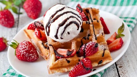 Homemade Belgian Waffles with Ice Cream and Strawberries