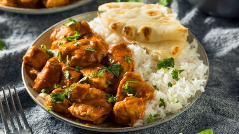 Homemade Buttered Chicken with Naan Bread and Rice