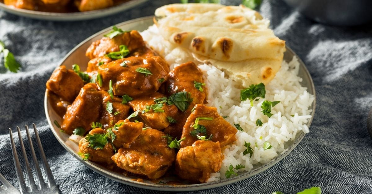 Homemade Buttered Chicken with Naan Bread and Rice