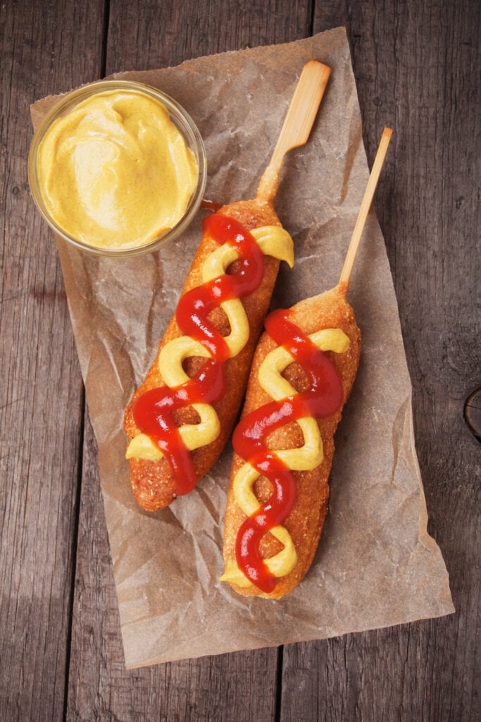 Homemade Corn Dogs with Ketchup and Mustard Sauce