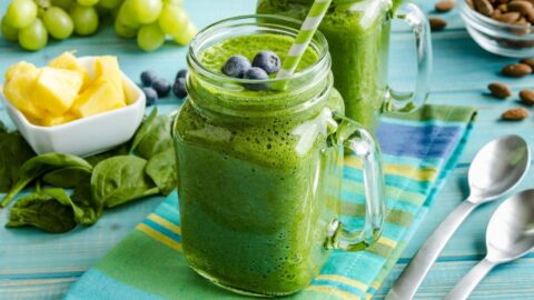 Homemade Green Spinach and Kale Smoothie with Blueberries