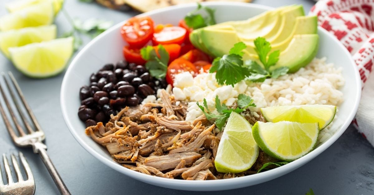 Mexican Pork Carnitas and Rice Bowl with Fruits and Vegetables