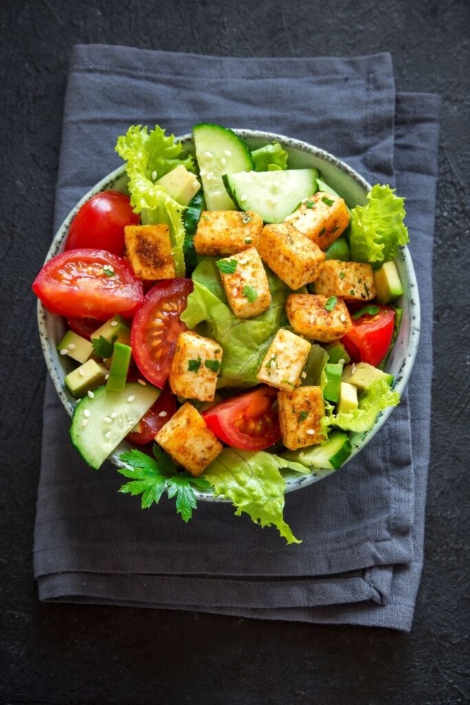 Tofu Salad with Cucumbers, Tomatoes and Avocados