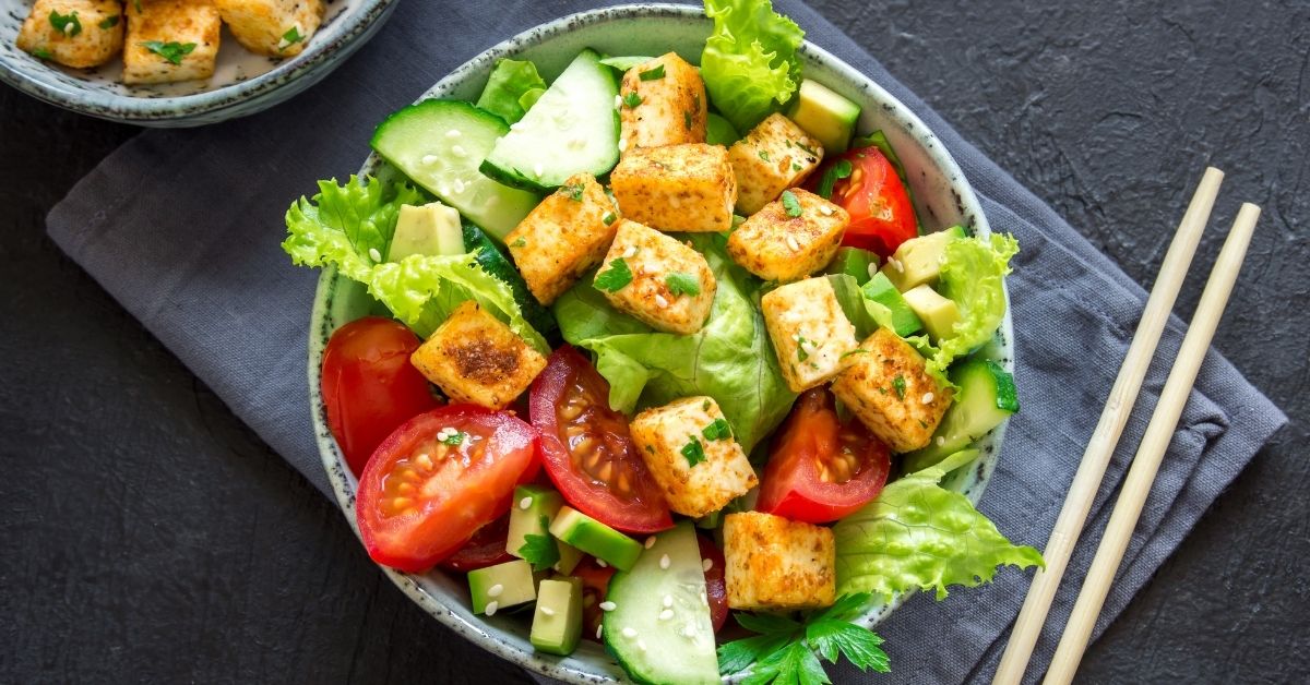 Tofu and Lettuce Salad with Avocados, Tomatoes and Cucumbers