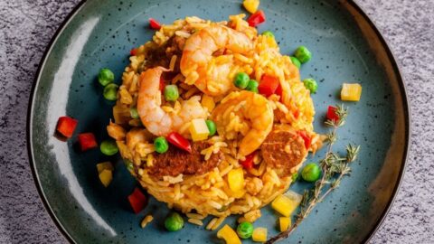 Yellow Rice Risotto with Vegetables and Shrimps