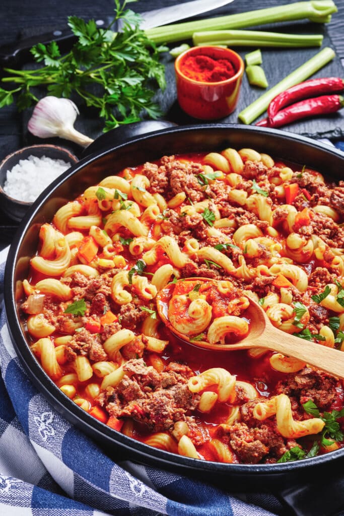 American Goulash: Ground Beef, Tomatoes, Celery and Macaroni Noodles