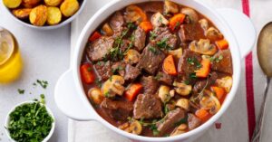 Beef Bourguignon with Vegetables in a Bowl