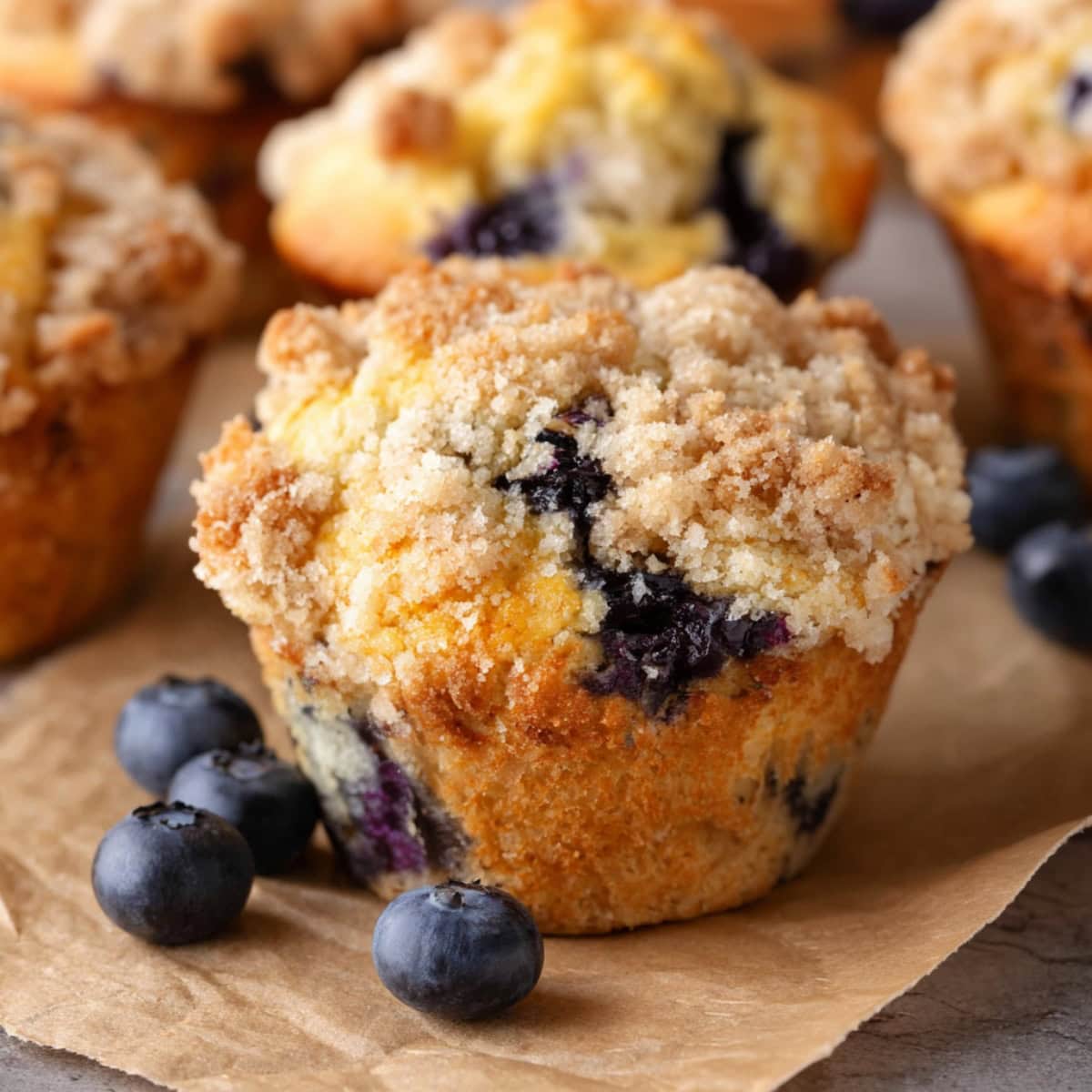 Blueberry muffins i na brown parchment paper.