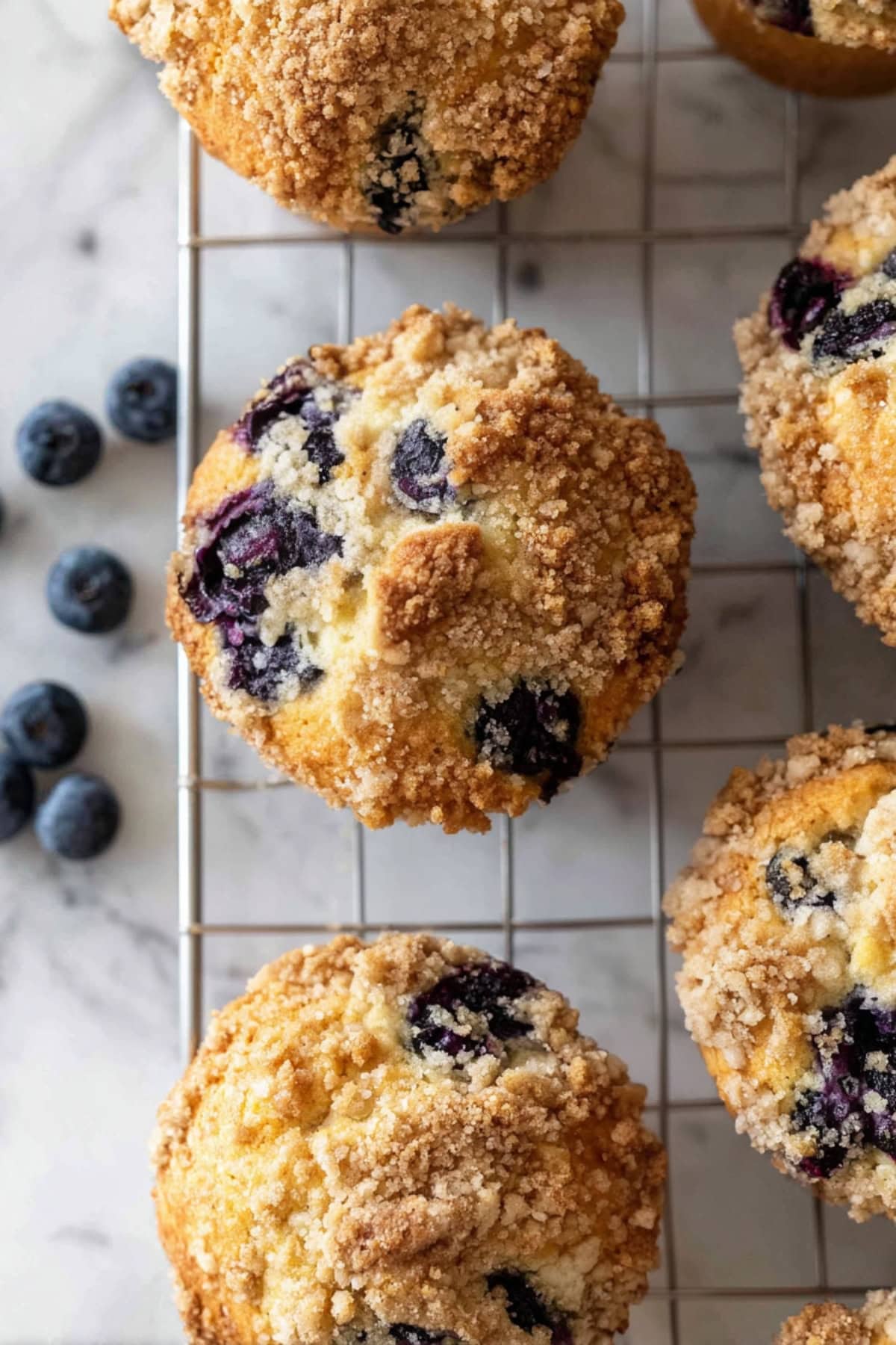 Blueberry muffins with crumble toppings in a cooling rack, top view.