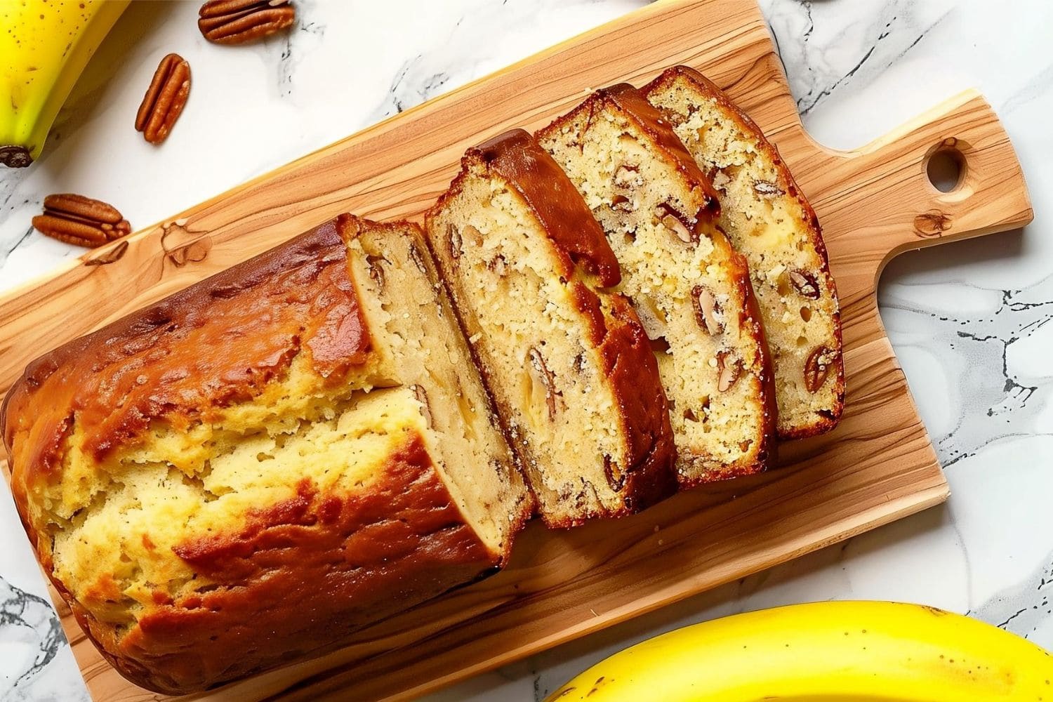 Cake Mix Banana Bread, Sliced, on a Wooden Cutting Board on a White Marble Table with Bananas