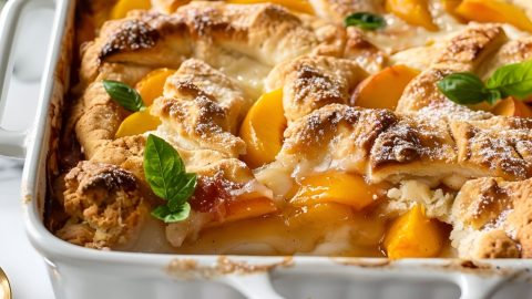 Close Up of Cake Mix Cobbler with Peaches and Mint in a White Casserole Dish