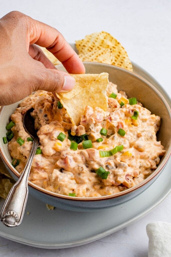 Cheesy Cowboy Crack Dip Served with Chips