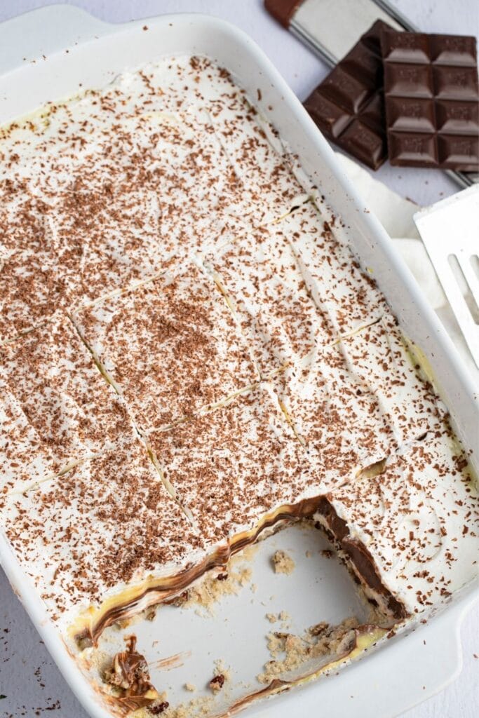 Chocolate Lasagna in a Casserole Dish with Chocolate Shavings