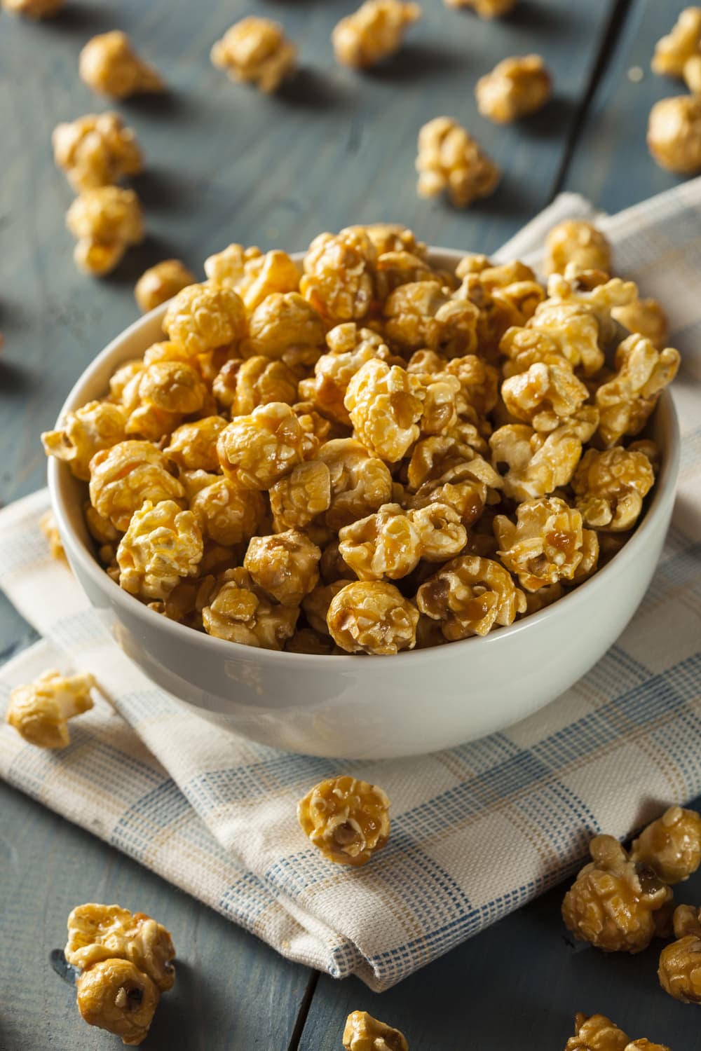 Caramel coated popcorn on a bowl.