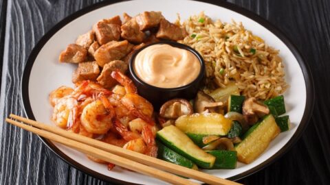 Hibachi Dish: Fried Rice, Zucchini, Shrimp, and Steak Served with Sauce in a Plate