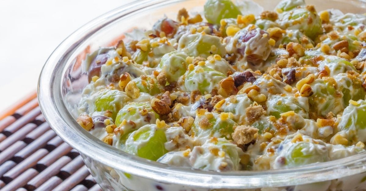 Homemade Grape Salad with Sour Cream and Chopped Nuts