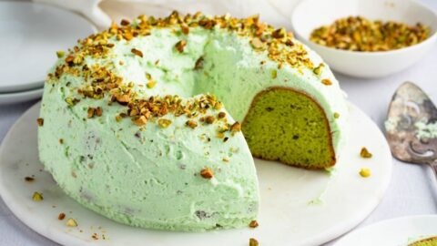 Homemade Light and Sweet Pistachio Cake with Pistachio Nut Toppings