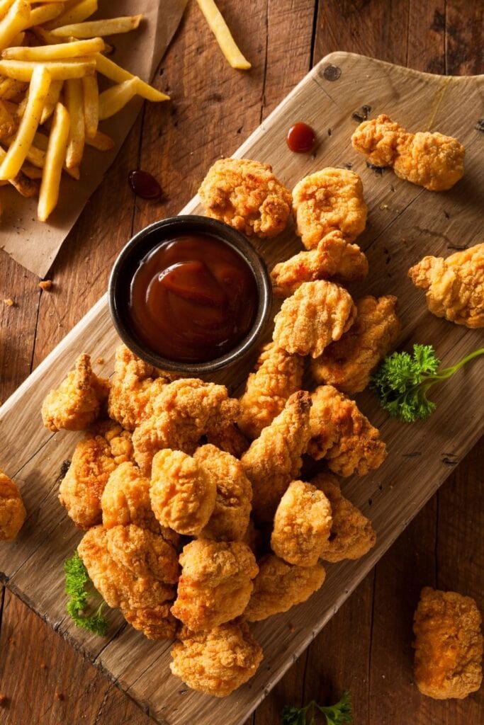 Homemade Popcorn Chicken with Ketchup and Fries