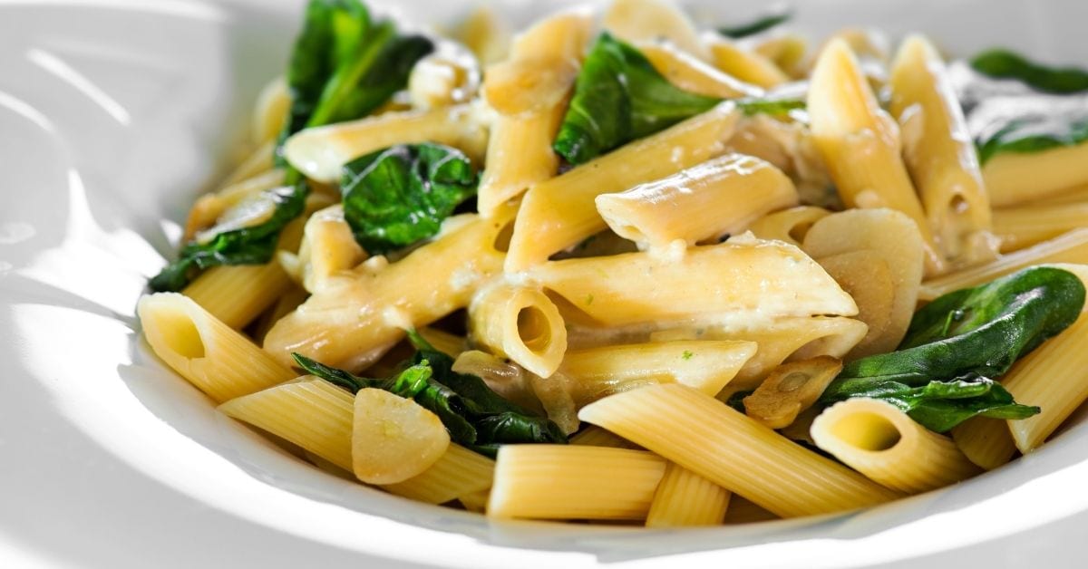 Penne Pasta with Parmesan Cheese, Cream Sauce and Spinach