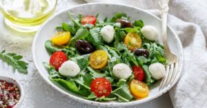Summer Vegetable Salad with Cherry Tomatoes, Mozzarella and Olives