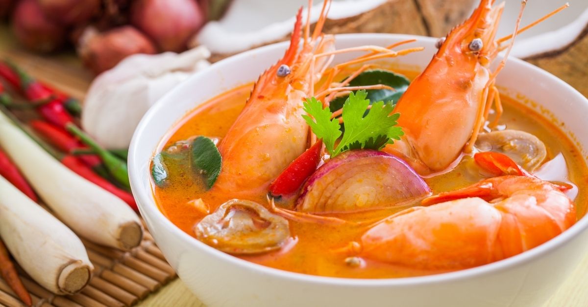 Tom Yum Soup with Shrimp and Vegetables in a Bowl