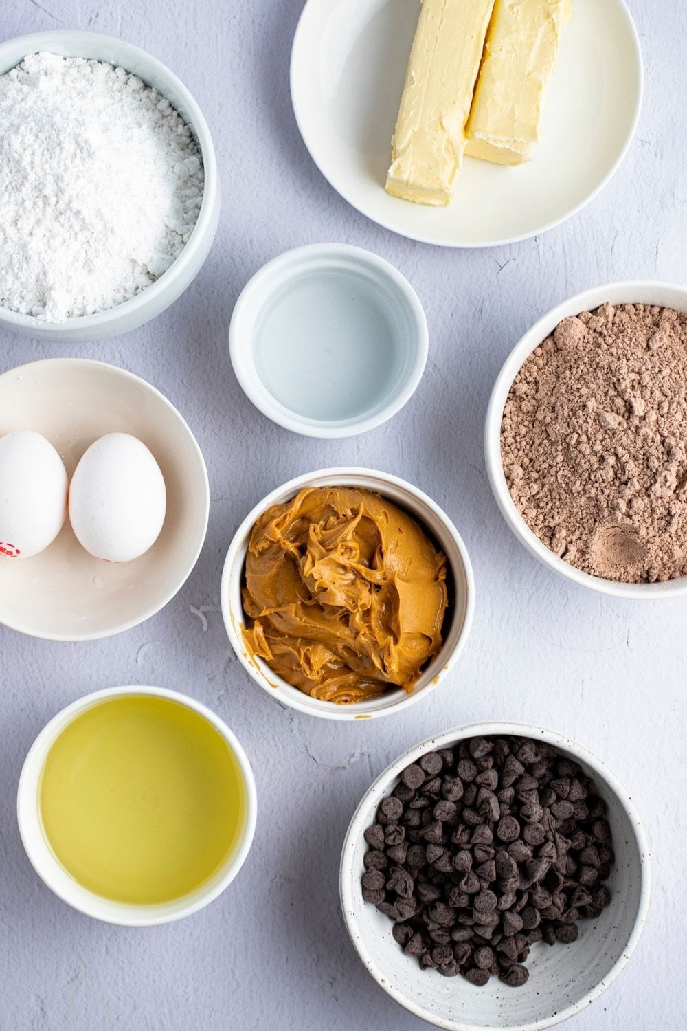 Buckeye Brownie Ingredients: Chocolate Chips, Peanut Butter, Eggs, Sugar and Brownie Mix