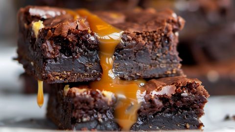 Two Caramel Brownies Stacked with Gooey Caramel Dripping Down