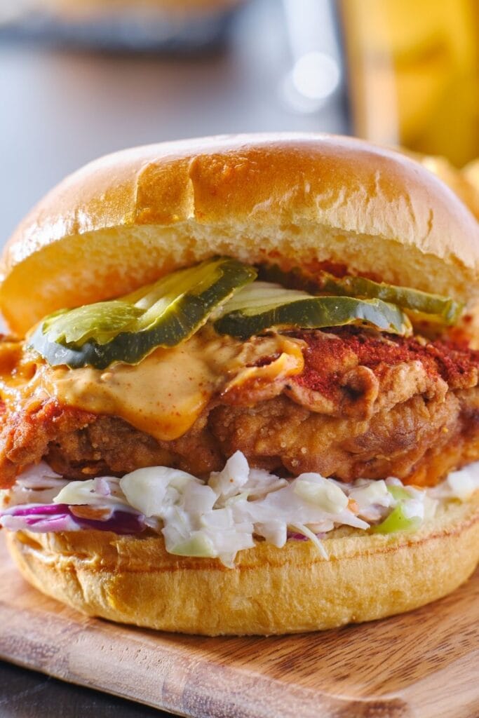 Chicken Sandwich with Pickles and Coleslaw