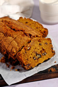 Chocolate Chip Pumpkin Bread Served with a Glass of Milk